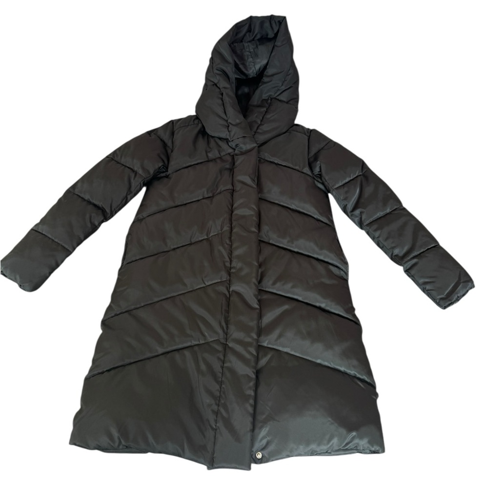 NWT Rebecca Minkoff Black Puffer Coat Hooded Quilted Full Zip Snap Midi Length S